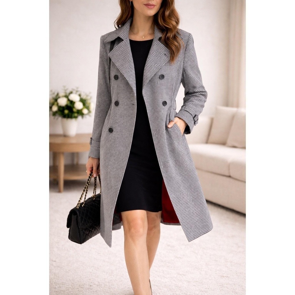 Vintage Rainfair Winners Circle Gingham Trench Coat Black White Red Lining M L